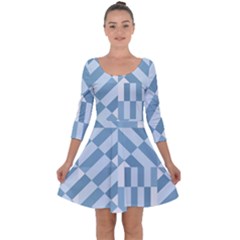 Truchet Tiles Blue White Quarter Sleeve Skater Dress by SpinnyChairDesigns