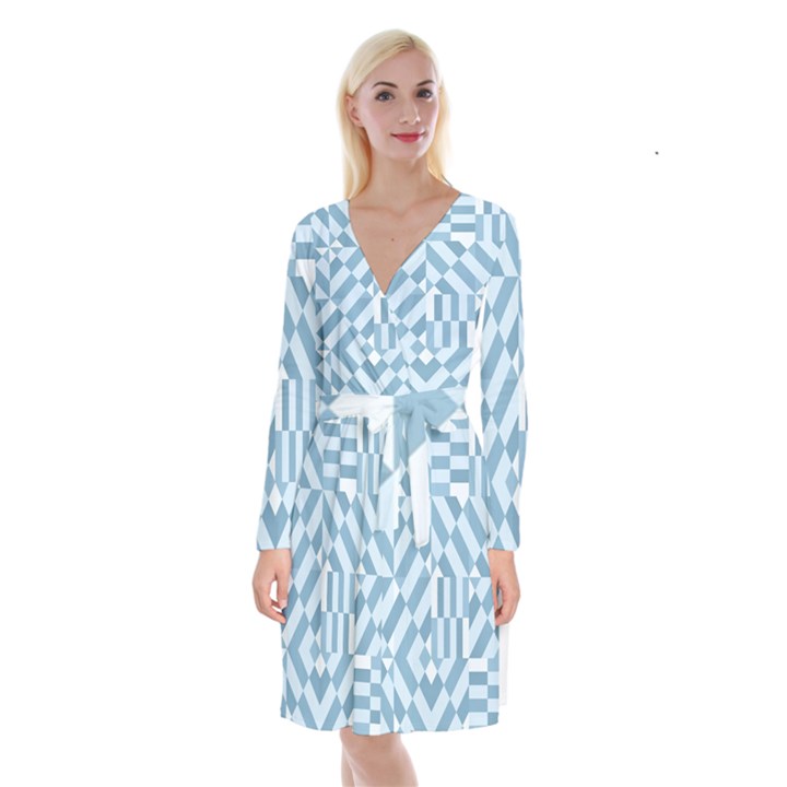 Truchet Tiles Blue White Long Sleeve Velvet Front Wrap Dress