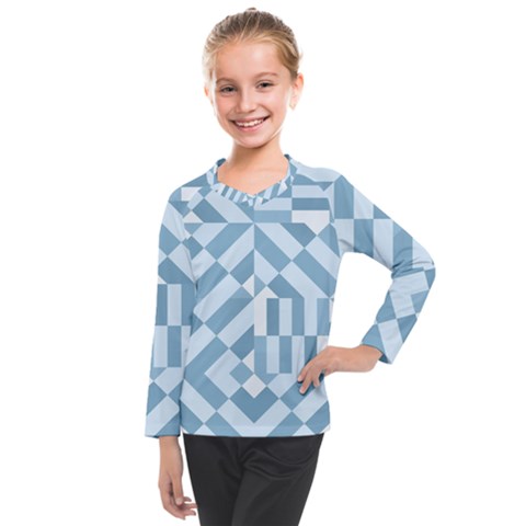 Truchet Tiles Blue White Kids  Long Mesh Tee by SpinnyChairDesigns