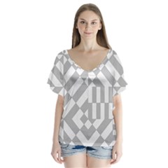 Truchet Tiles Grey White Pattern V-neck Flutter Sleeve Top by SpinnyChairDesigns