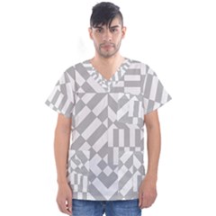 Truchet Tiles Grey White Pattern Men s V-neck Scrub Top