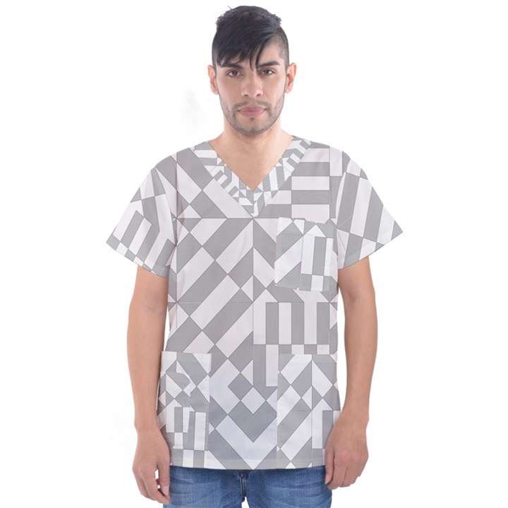 Truchet Tiles Grey White Pattern Men s V-Neck Scrub Top