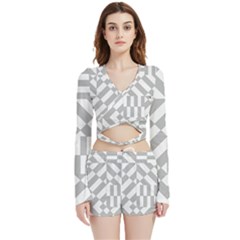 Truchet Tiles Grey White Pattern Velvet Wrap Crop Top