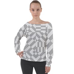 Truchet Tiles Grey White Pattern Off Shoulder Long Sleeve Velour Top