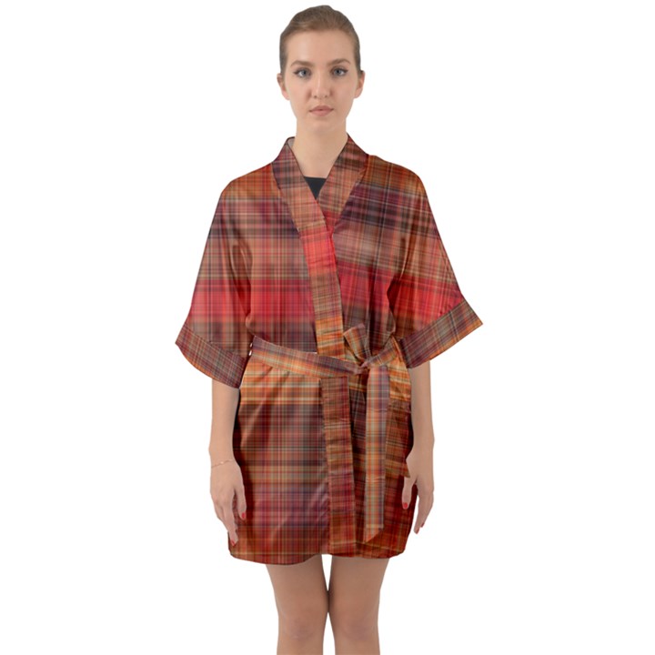 Madras Plaid Fall Colors Half Sleeve Satin Kimono 