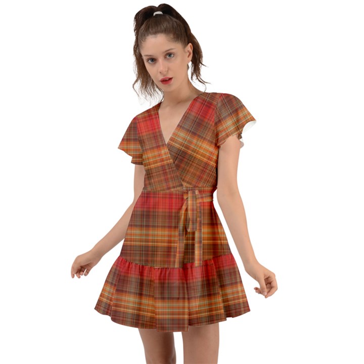 Madras Plaid Fall Colors Flutter Sleeve Wrap Dress