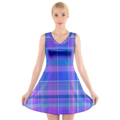 Madras Plaid Blue Purple V-neck Sleeveless Dress by SpinnyChairDesigns