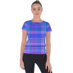 Madras Plaid Blue Purple Short Sleeve Sports Top  by SpinnyChairDesigns