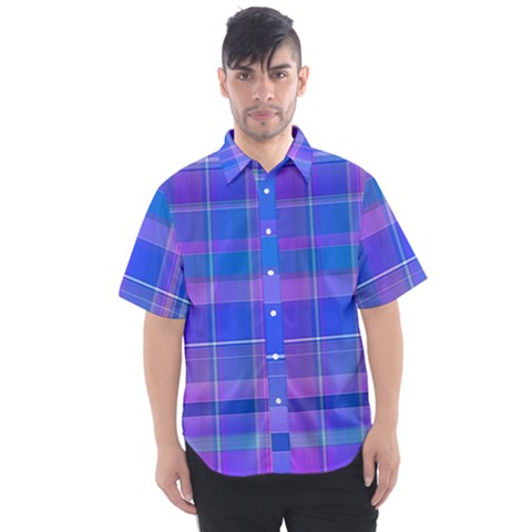 Madras Plaid Blue Purple Men s Short Sleeve Shirt by SpinnyChairDesigns