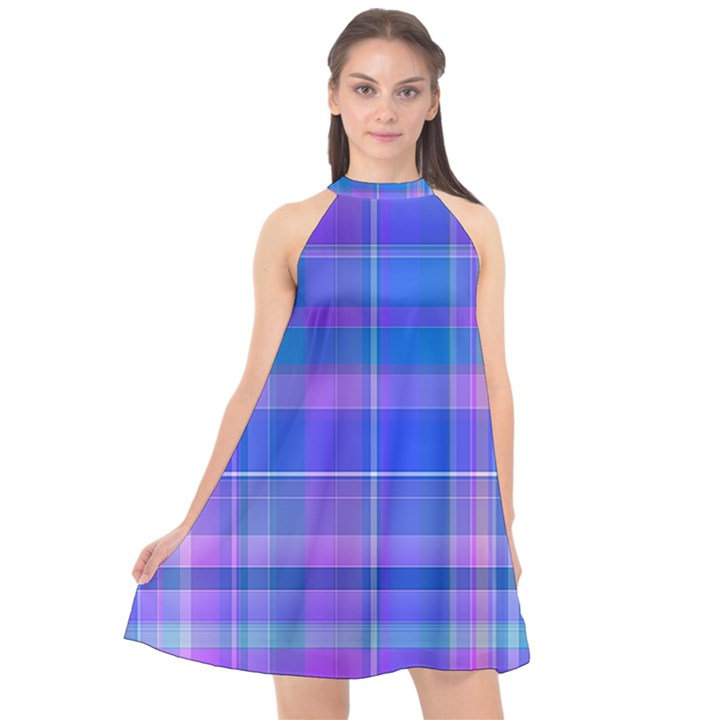 Madras Plaid Blue Purple Halter Neckline Chiffon Dress 