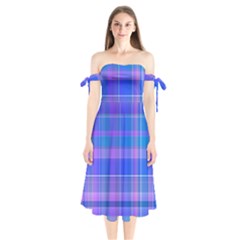 Madras Plaid Blue Purple Shoulder Tie Bardot Midi Dress by SpinnyChairDesigns