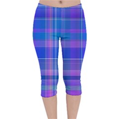 Madras Plaid Blue Purple Velvet Capri Leggings  by SpinnyChairDesigns