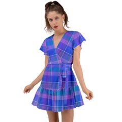 Madras Plaid Blue Purple Flutter Sleeve Wrap Dress by SpinnyChairDesigns