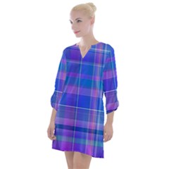 Madras Plaid Blue Purple Open Neck Shift Dress