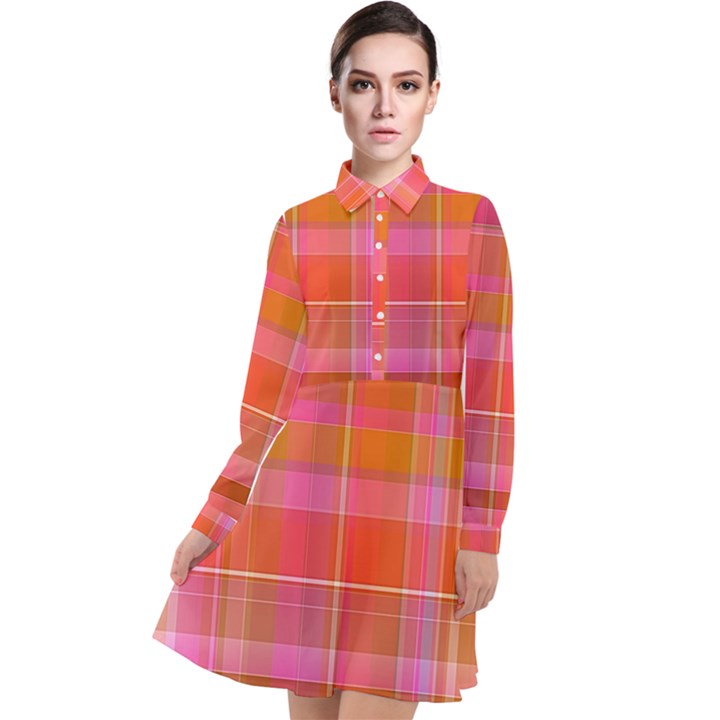 Pink Orange Madras Plaid Long Sleeve Chiffon Shirt Dress