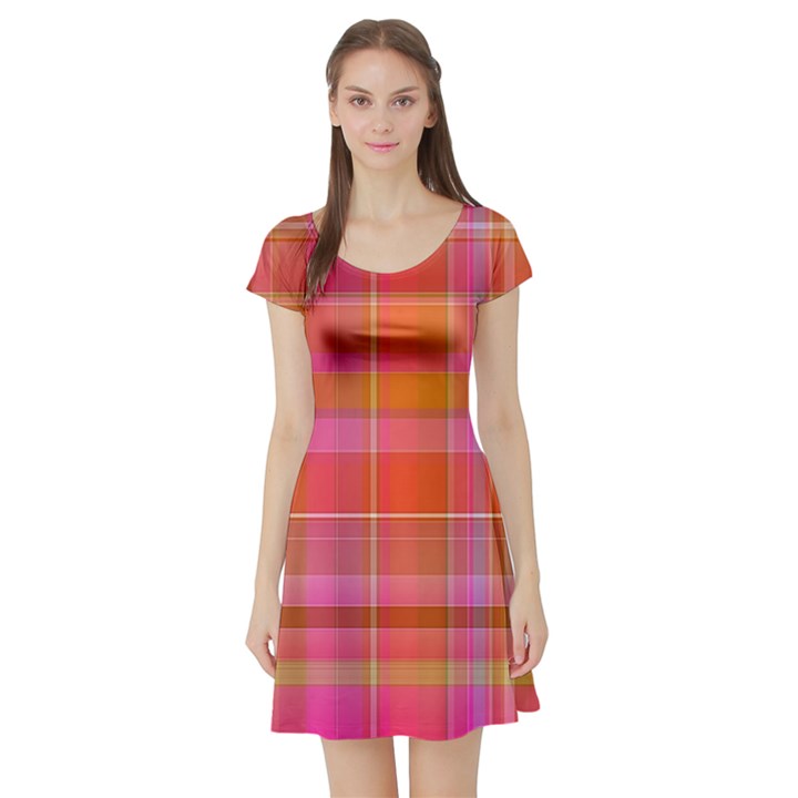 Pink Orange Madras Plaid Short Sleeve Skater Dress