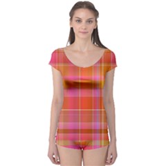 Pink Orange Madras Plaid Boyleg Leotard  by SpinnyChairDesigns