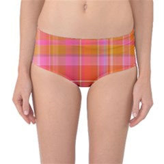 Pink Orange Madras Plaid Mid-waist Bikini Bottoms by SpinnyChairDesigns