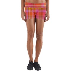 Pink Orange Madras Plaid Yoga Shorts by SpinnyChairDesigns