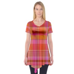 Pink Orange Madras Plaid Short Sleeve Tunic  by SpinnyChairDesigns