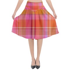 Pink Orange Madras Plaid Flared Midi Skirt by SpinnyChairDesigns