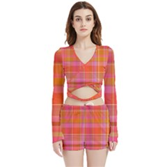 Pink Orange Madras Plaid Velvet Wrap Crop Top