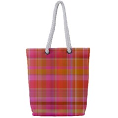 Pink Orange Madras Plaid Full Print Rope Handle Tote (small) by SpinnyChairDesigns