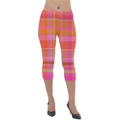 Pink Orange Madras Plaid Lightweight Velour Capri Leggings 