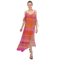 Pink Orange Madras Plaid Maxi Chiffon Cover Up Dress