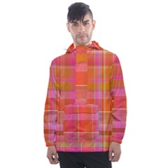 Pink Orange Madras Plaid Men s Front Pocket Pullover Windbreaker by SpinnyChairDesigns