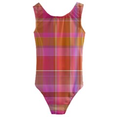 Pink Orange Madras Plaid Kids  Cut-out Back One Piece Swimsuit by SpinnyChairDesigns