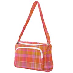 Pink Orange Madras Plaid Front Pocket Crossbody Bag by SpinnyChairDesigns