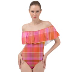 Pink Orange Madras Plaid Off Shoulder Velour Bodysuit  by SpinnyChairDesigns