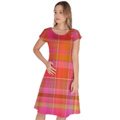 Pink Orange Madras Plaid Classic Short Sleeve Dress by SpinnyChairDesigns