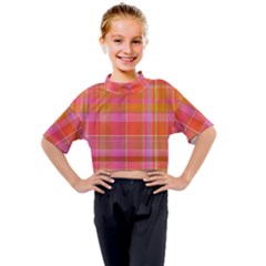 Pink Orange Madras Plaid Kids Mock Neck Tee