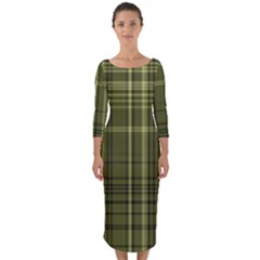 Green Madras Plaid Quarter Sleeve Midi Bodycon Dress