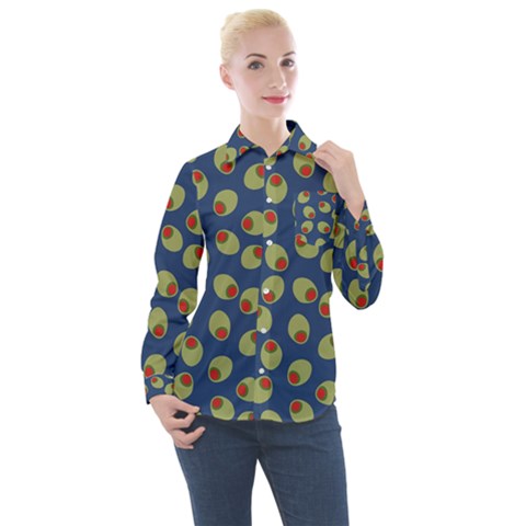 Green Olives With Pimentos Women s Long Sleeve Pocket Shirt by SpinnyChairDesigns