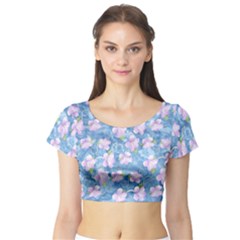 Watercolor Violets Short Sleeve Crop Top by SpinnyChairDesigns