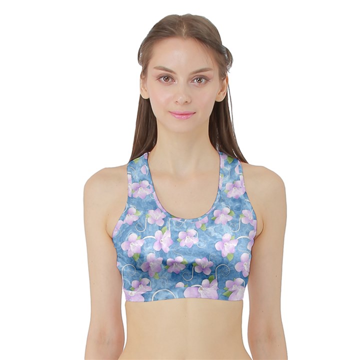 Watercolor Violets Sports Bra with Border