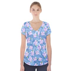 Watercolor Violets Short Sleeve Front Detail Top by SpinnyChairDesigns