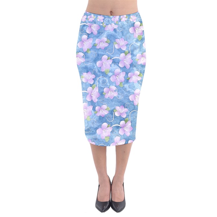 Watercolor Violets Velvet Midi Pencil Skirt