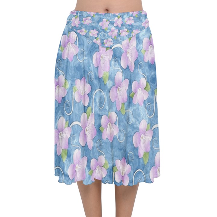 Watercolor Violets Velvet Flared Midi Skirt