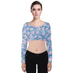 Watercolor Violets Velvet Long Sleeve Crop Top by SpinnyChairDesigns