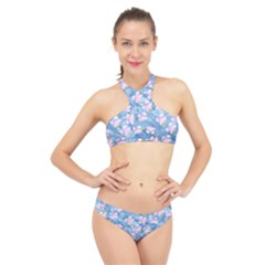 Watercolor Violets High Neck Bikini Set by SpinnyChairDesigns