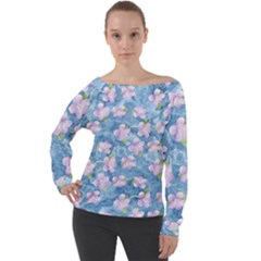 Watercolor Violets Off Shoulder Long Sleeve Velour Top