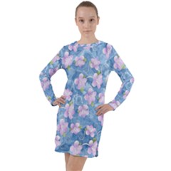 Watercolor Violets Long Sleeve Hoodie Dress