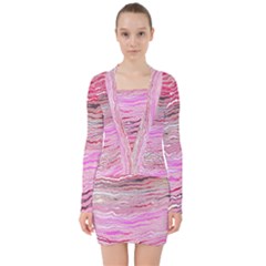 Pink Abstract Stripes V-neck Bodycon Long Sleeve Dress by SpinnyChairDesigns