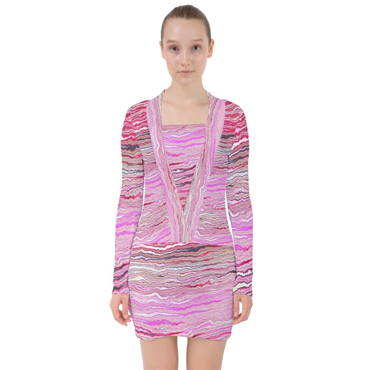 Pink Abstract Stripes V-neck Bodycon Long Sleeve Dress