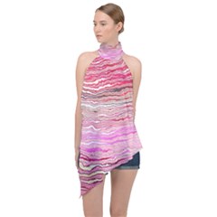 Pink Abstract Stripes Halter Asymmetric Satin Top by SpinnyChairDesigns