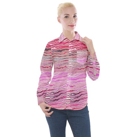 Pink Abstract Stripes Women s Long Sleeve Pocket Shirt by SpinnyChairDesigns